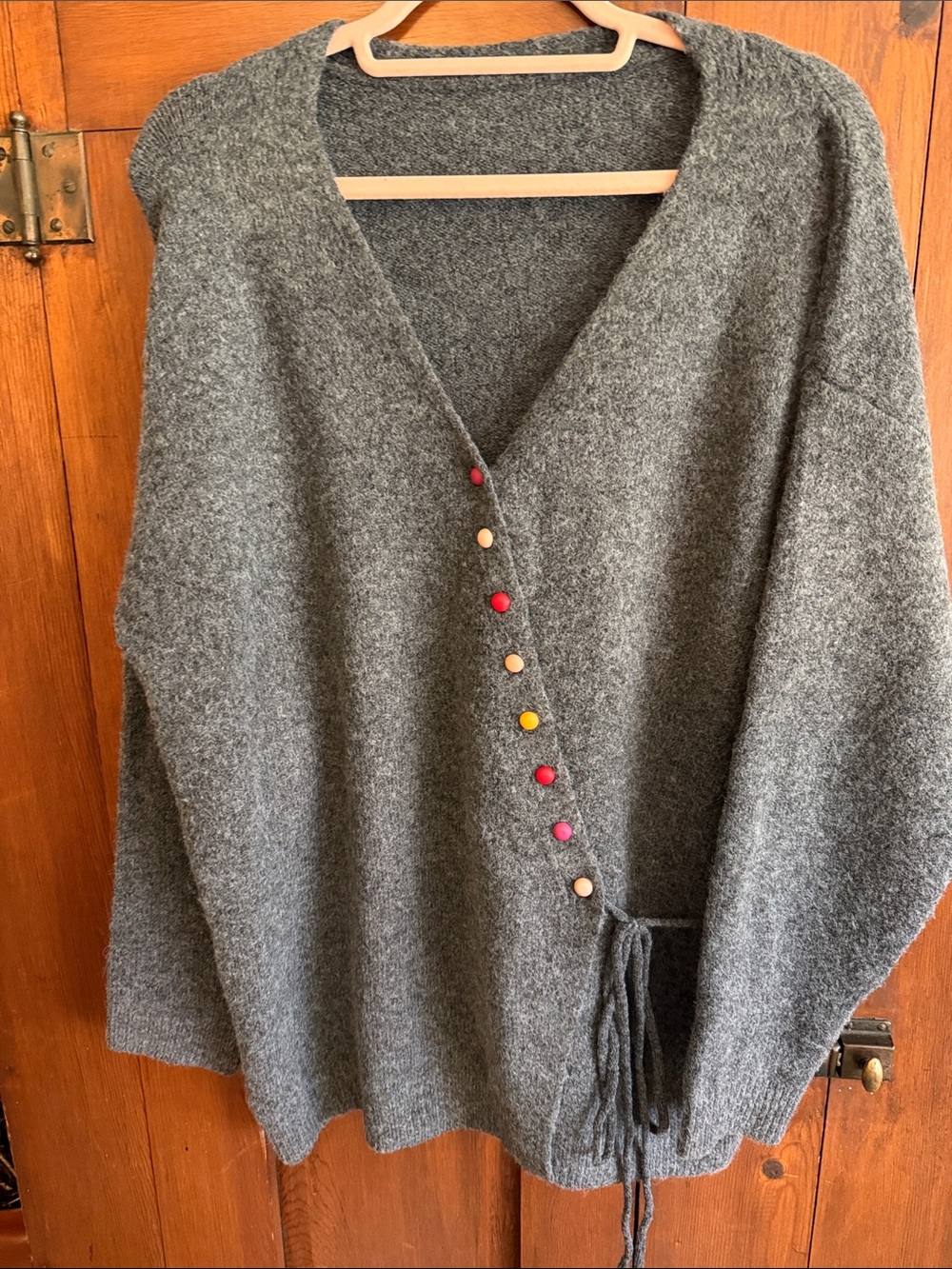 Gray V-Neck Women's Sweater Cardigan with Colorful Buttons